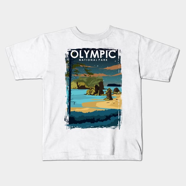 Olympic National Park National Park at Night Travel Poster Kids T-Shirt by jornvanhezik